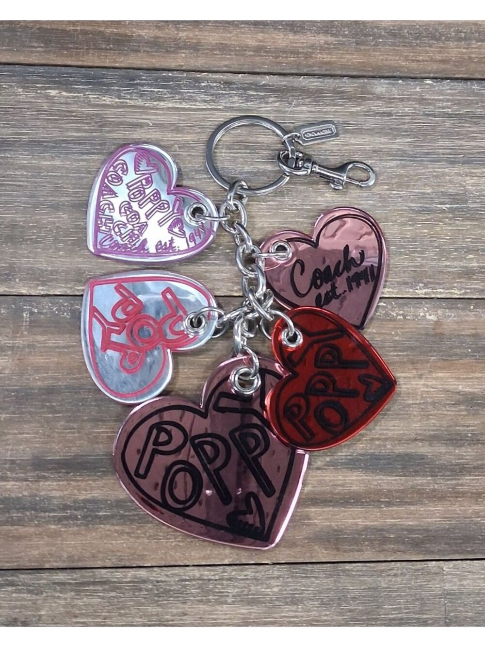 Coach Poppy Keychain Bag Tag Charm Heart Pink Red Outline Logo Mirrored
